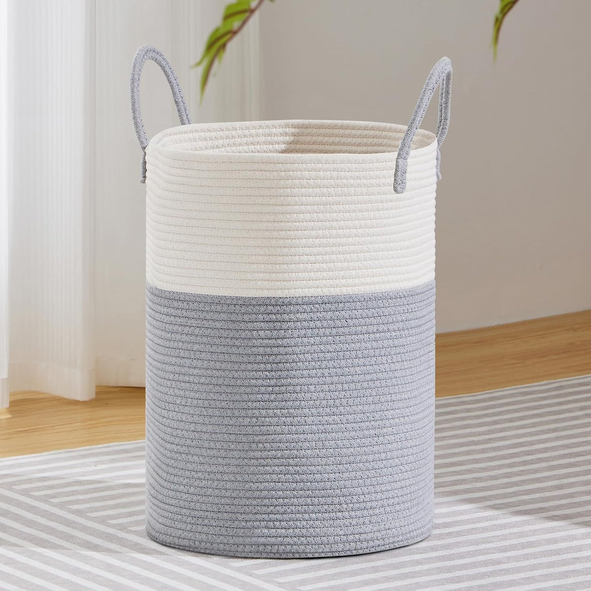 58L Tall Woven Laundry Basket Hamper, White Brown