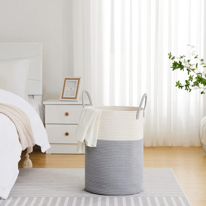 58L Tall Woven Laundry Basket Hamper, White Brown