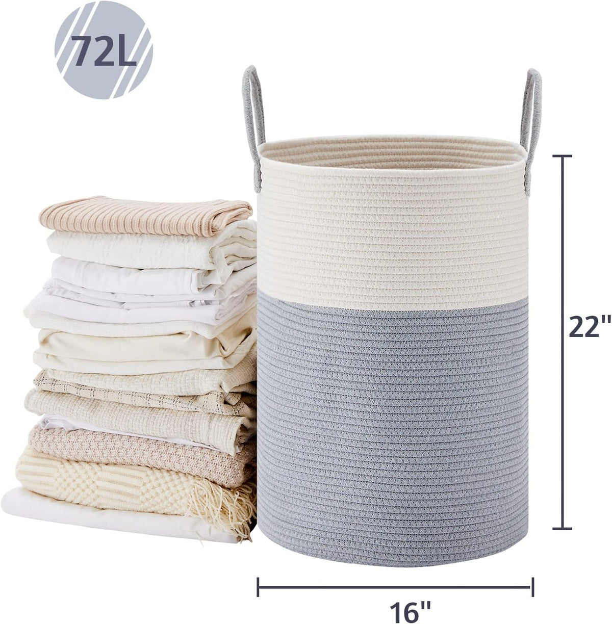 58L Tall Woven Laundry Basket Hamper, White Brown