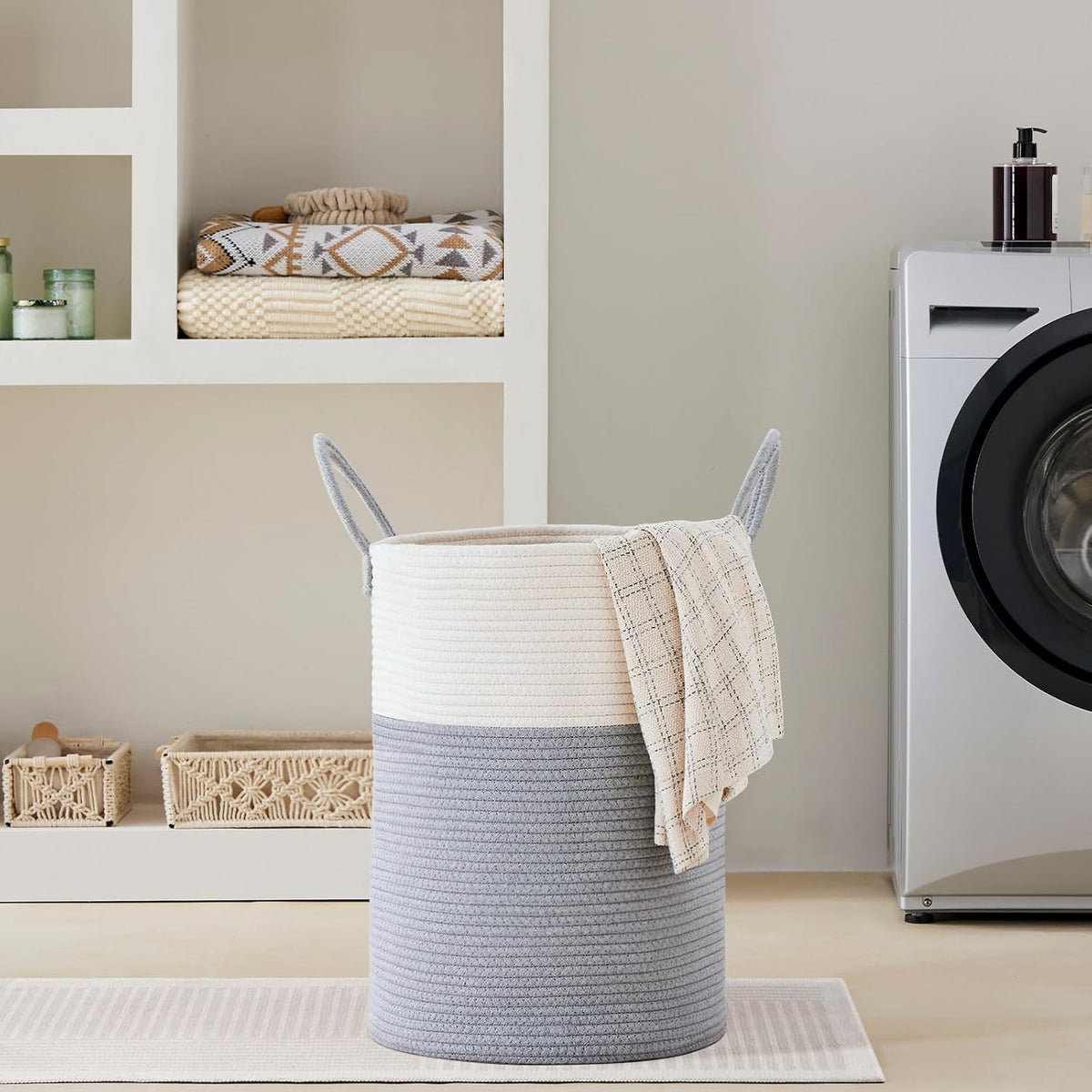 58L Tall Woven Laundry Basket Hamper, White Brown