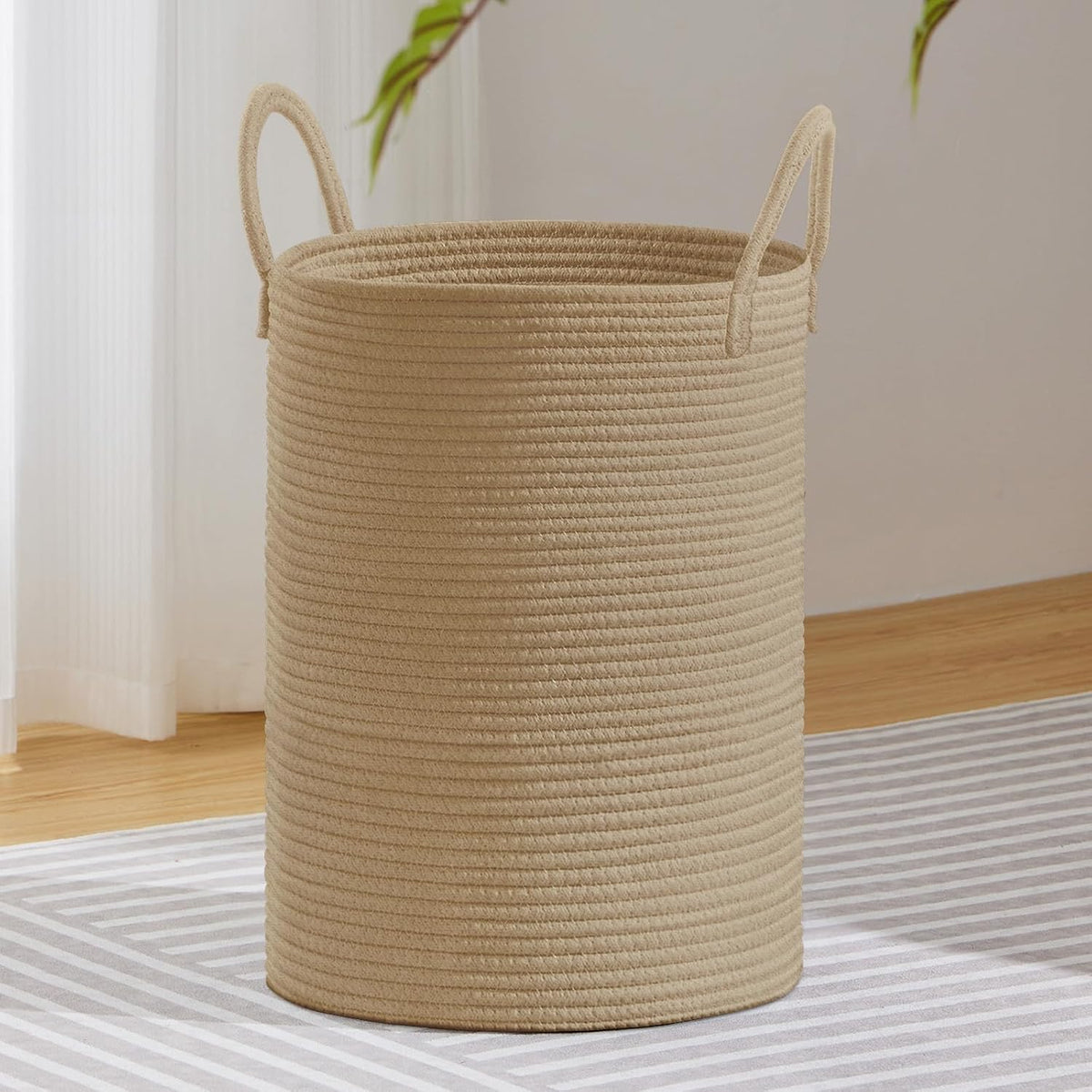 58L Tall Woven Laundry Basket Hamper, White Brown