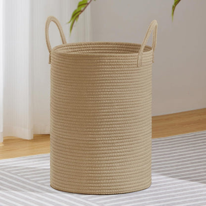 58L Tall Woven Laundry Basket Hamper, White Brown