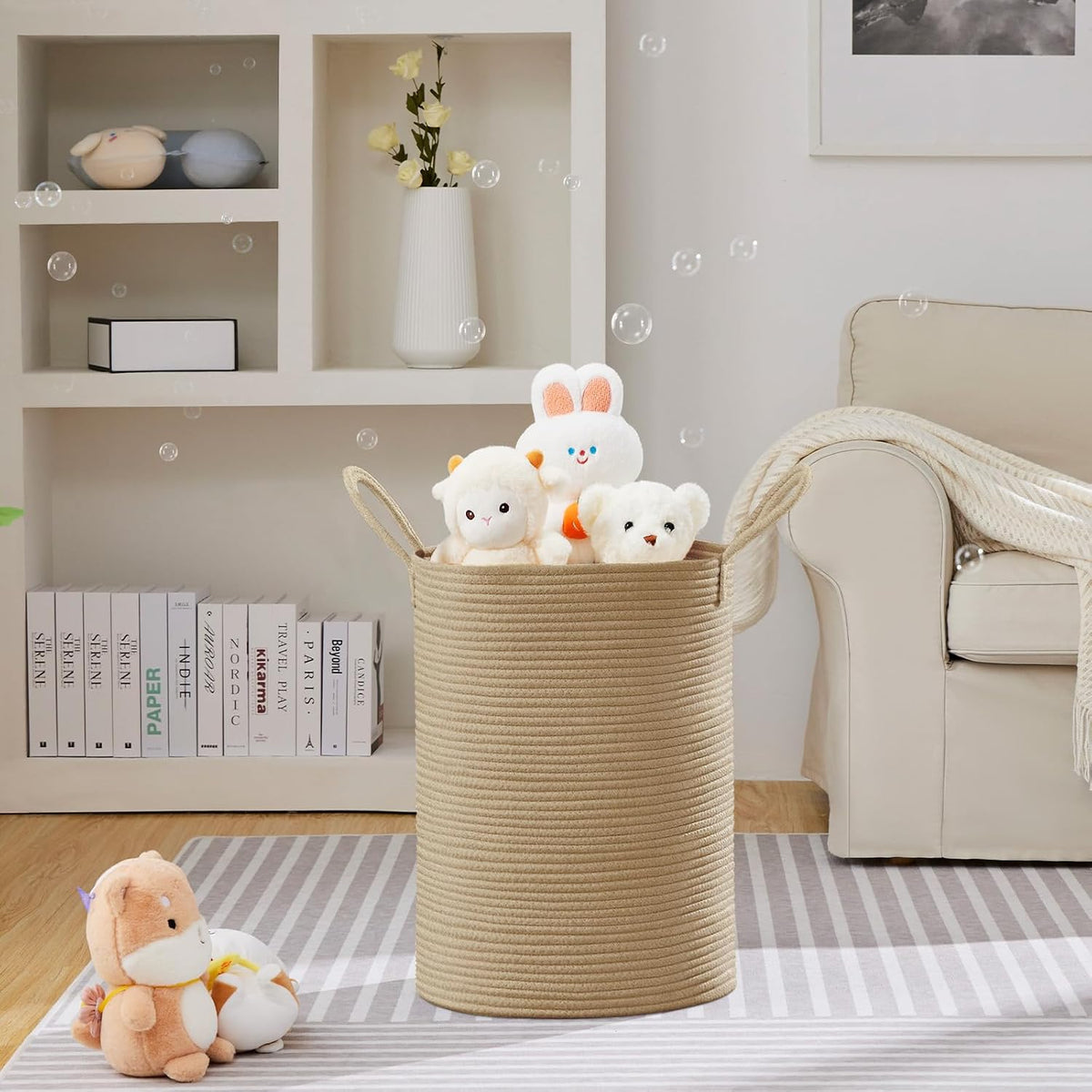 58L Tall Woven Laundry Basket Hamper, White Brown