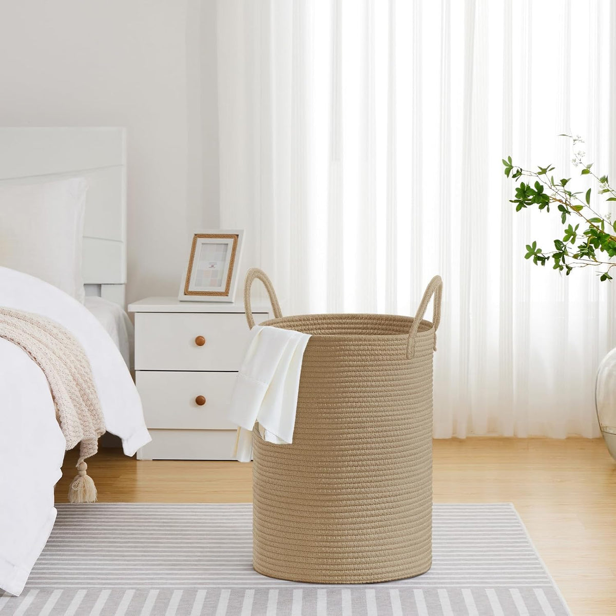 58L Tall Woven Laundry Basket Hamper, White Brown