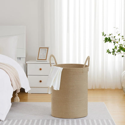 58L Tall Woven Laundry Basket Hamper, White Brown