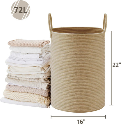 58L Tall Woven Laundry Basket Hamper, White Brown