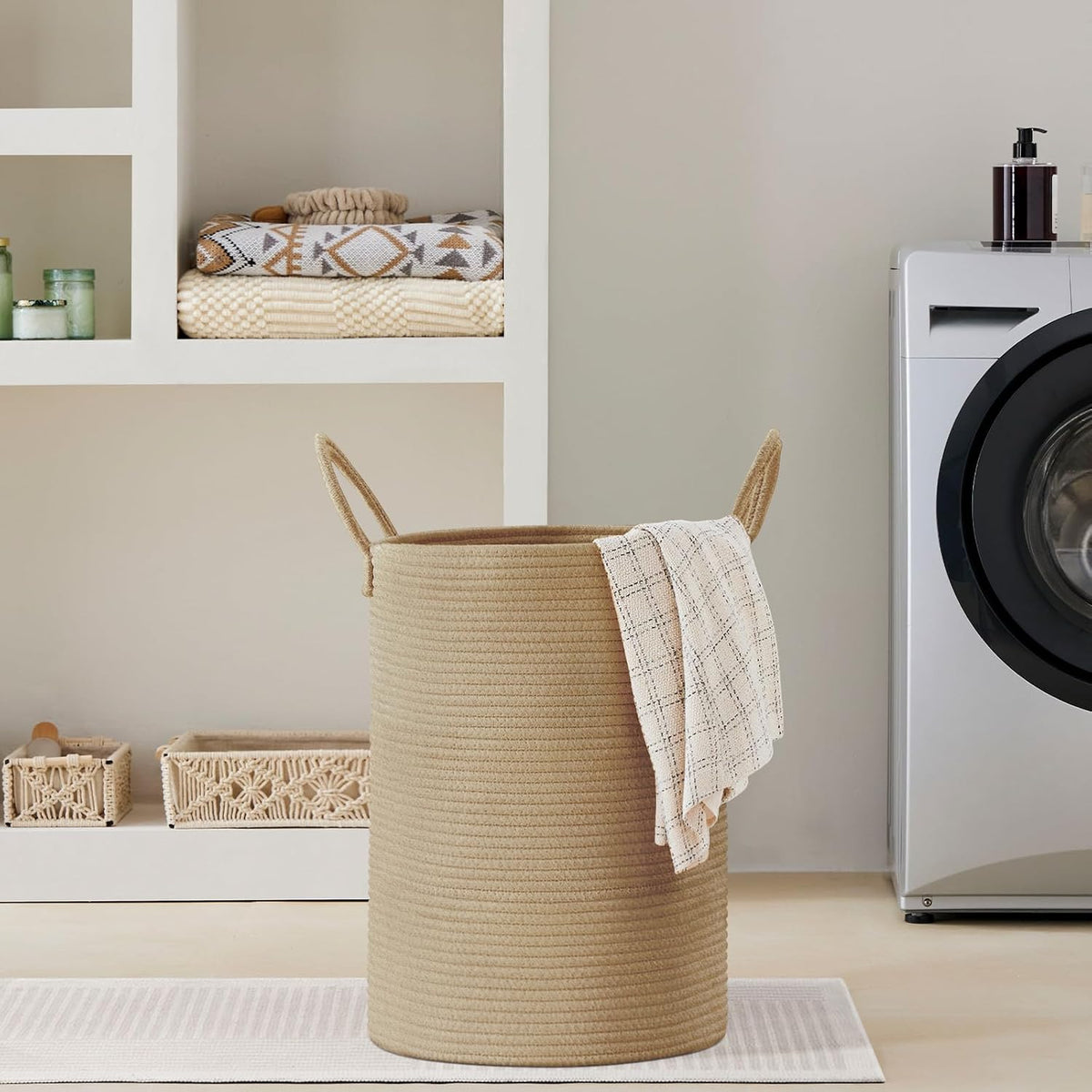 58L Tall Woven Laundry Basket Hamper, White Brown