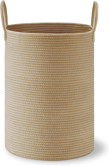 58L Tall Woven Laundry Basket Hamper, White Brown