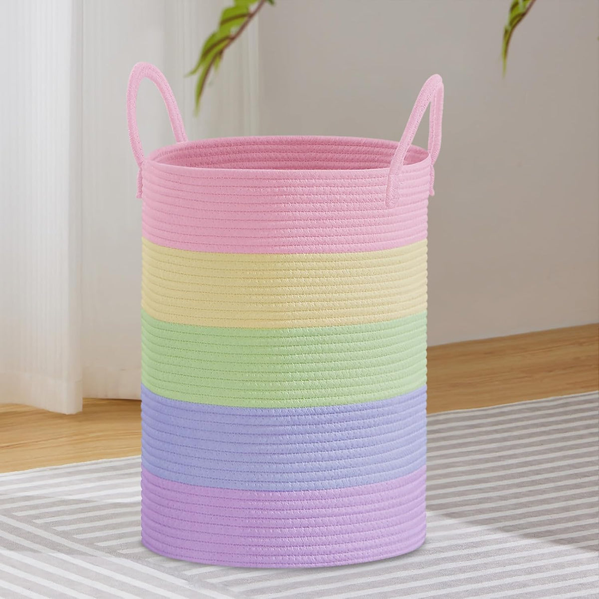 58L Tall Woven Laundry Basket Hamper, White Brown