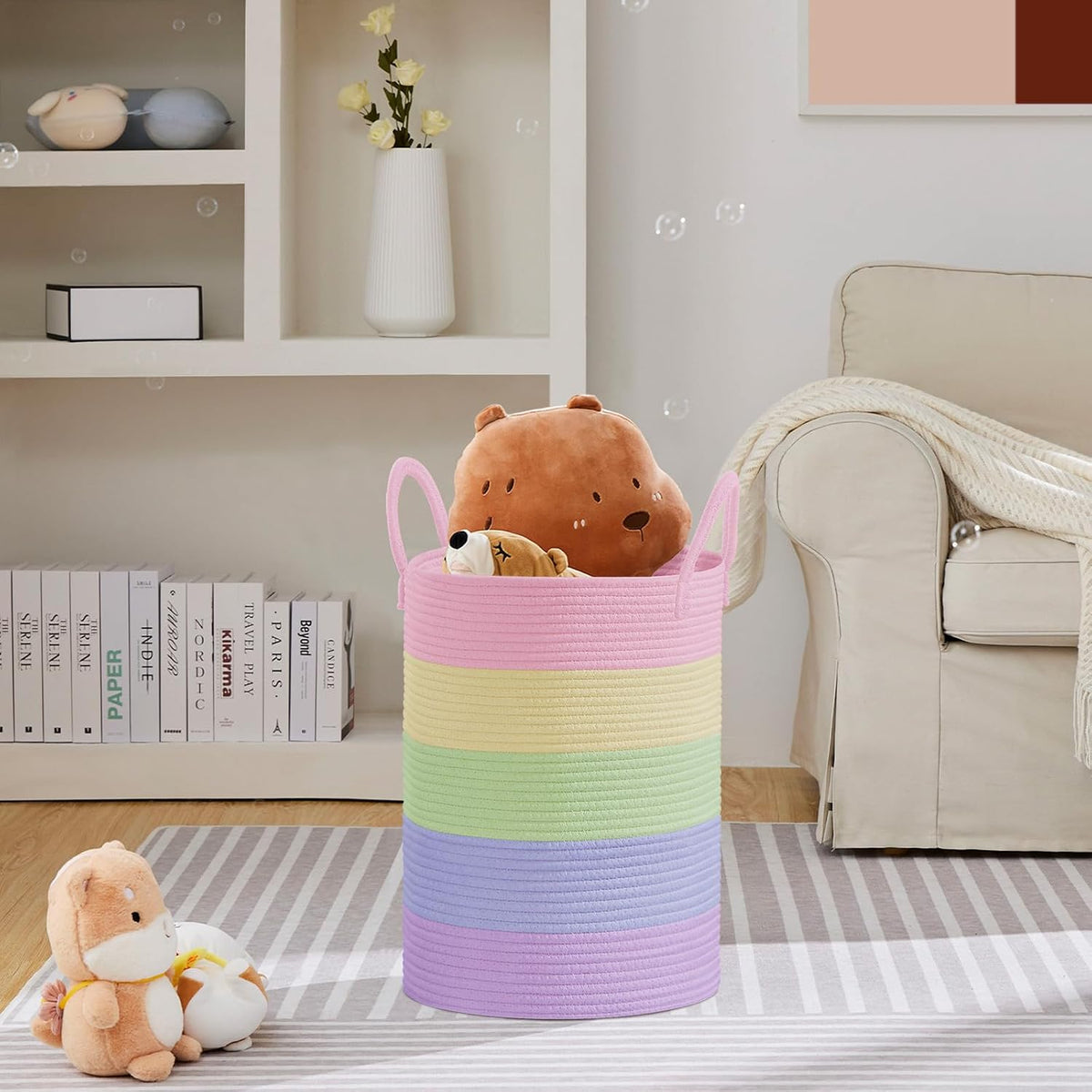 58L Tall Woven Laundry Basket Hamper, White Brown