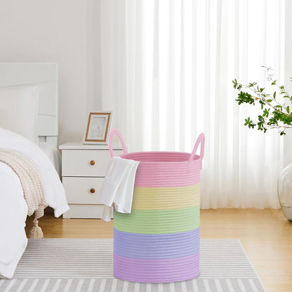 58L Tall Woven Laundry Basket Hamper, White Brown