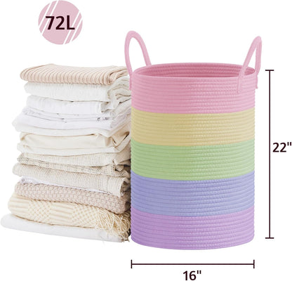 58L Tall Woven Laundry Basket Hamper, White Brown