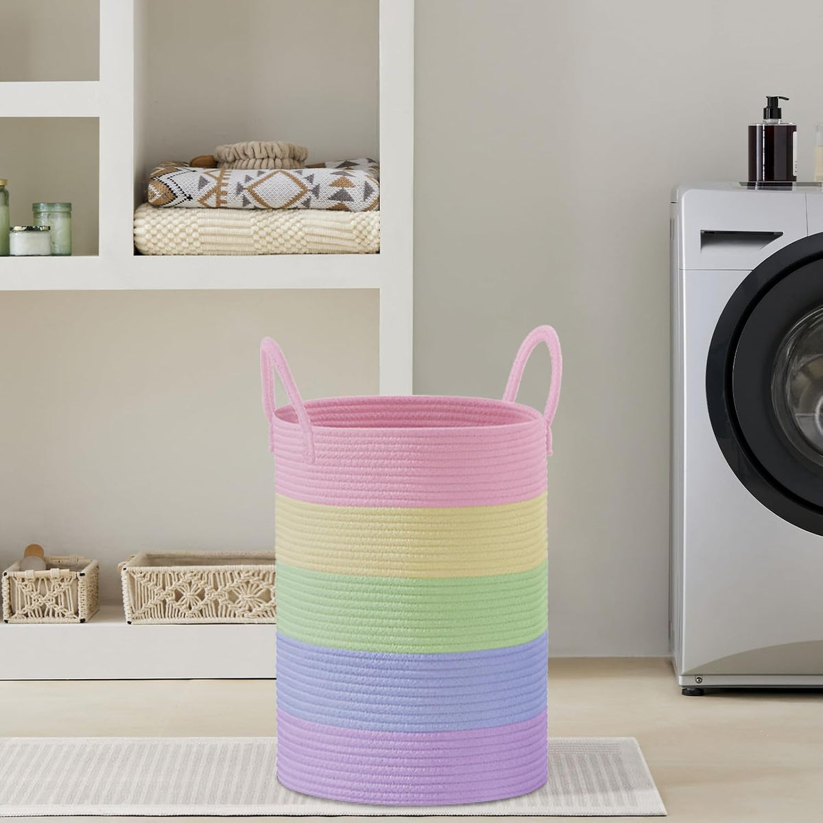 58L Tall Woven Laundry Basket Hamper, White Brown