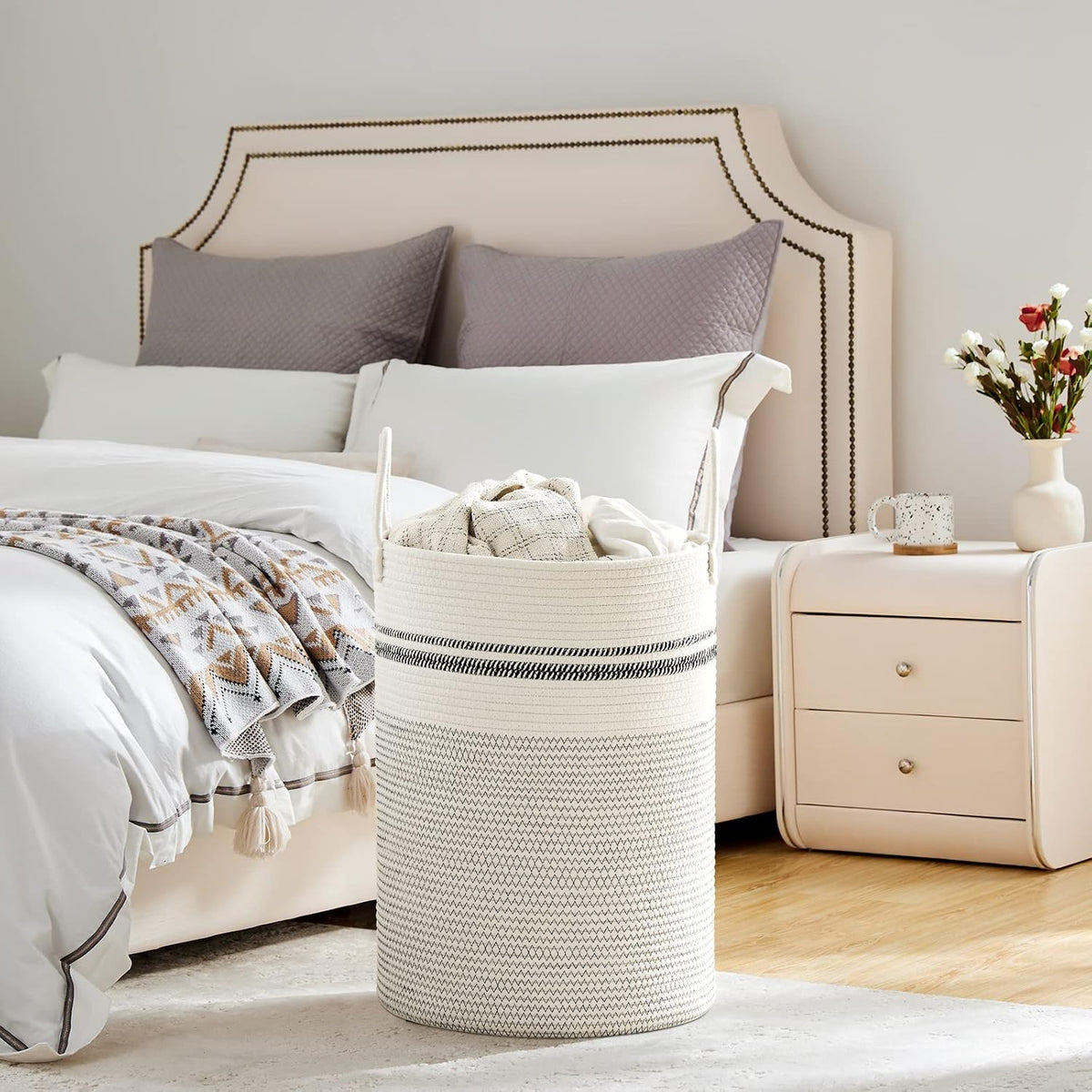 58L Tall Woven Laundry Basket Hamper, White Brown