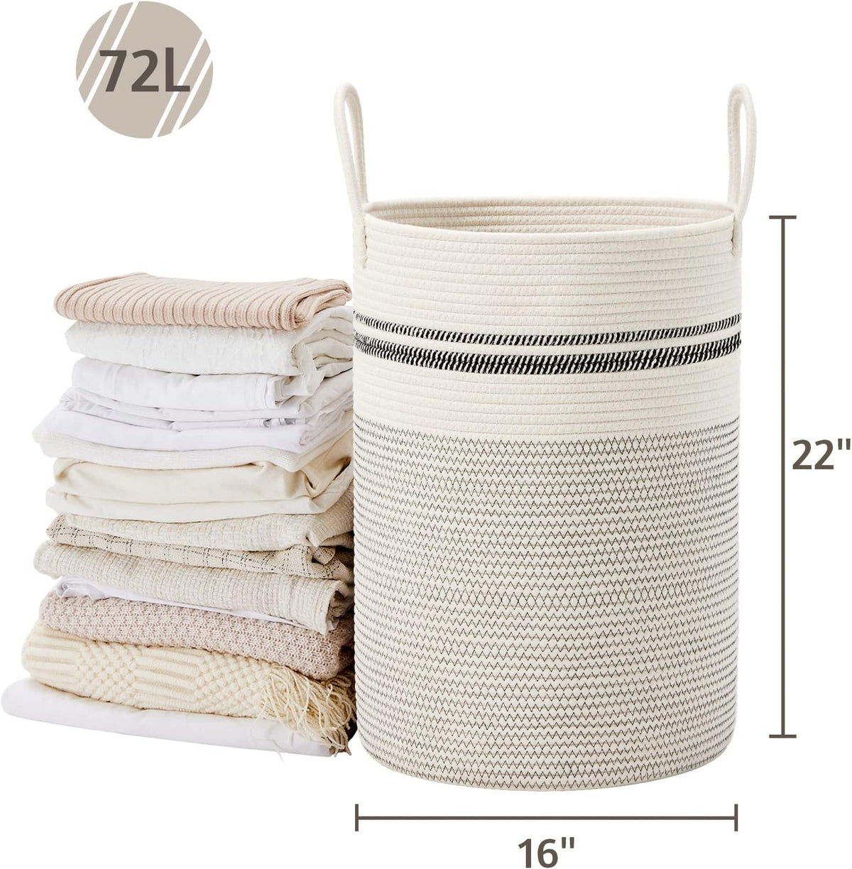 58L Tall Woven Laundry Basket Hamper, White Brown