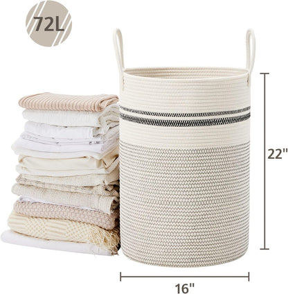 58L Tall Woven Laundry Basket Hamper, White Brown