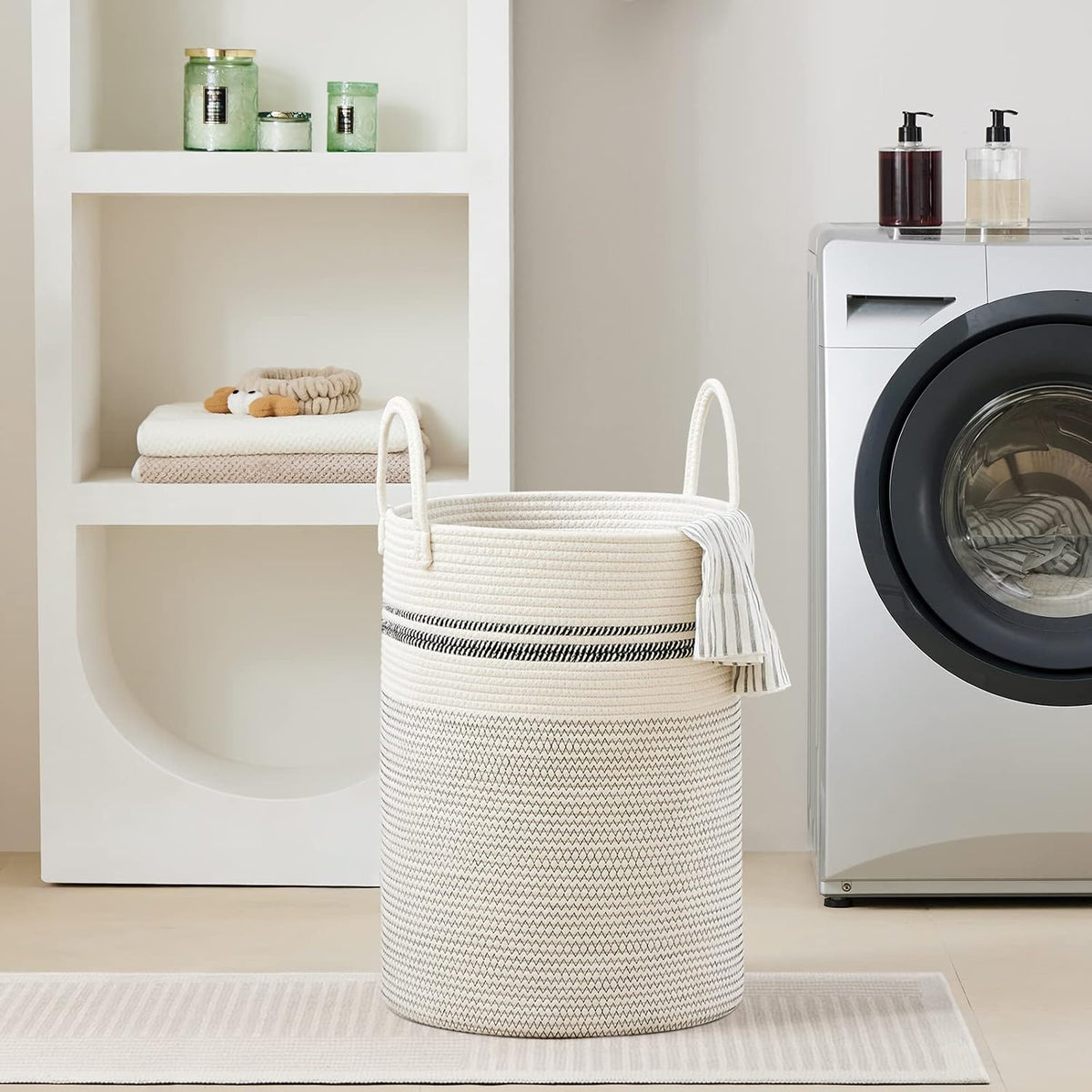 58L Tall Woven Laundry Basket Hamper, White Brown
