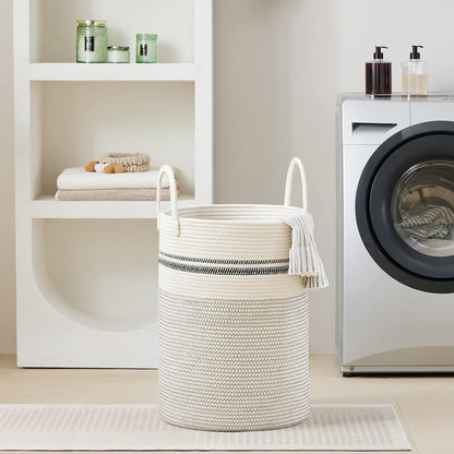 58L Tall Woven Laundry Basket Hamper, White Brown