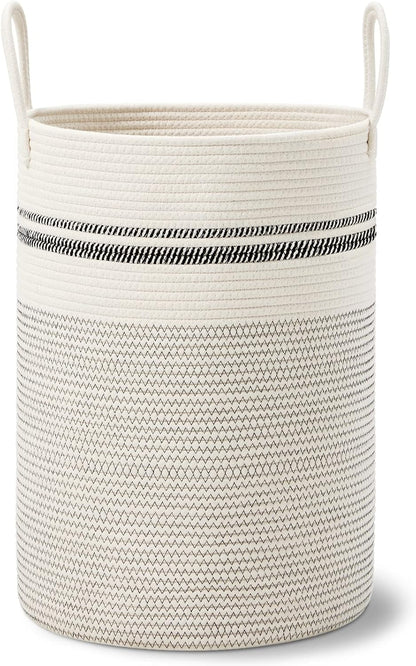 58L Tall Woven Laundry Basket Hamper, White Brown
