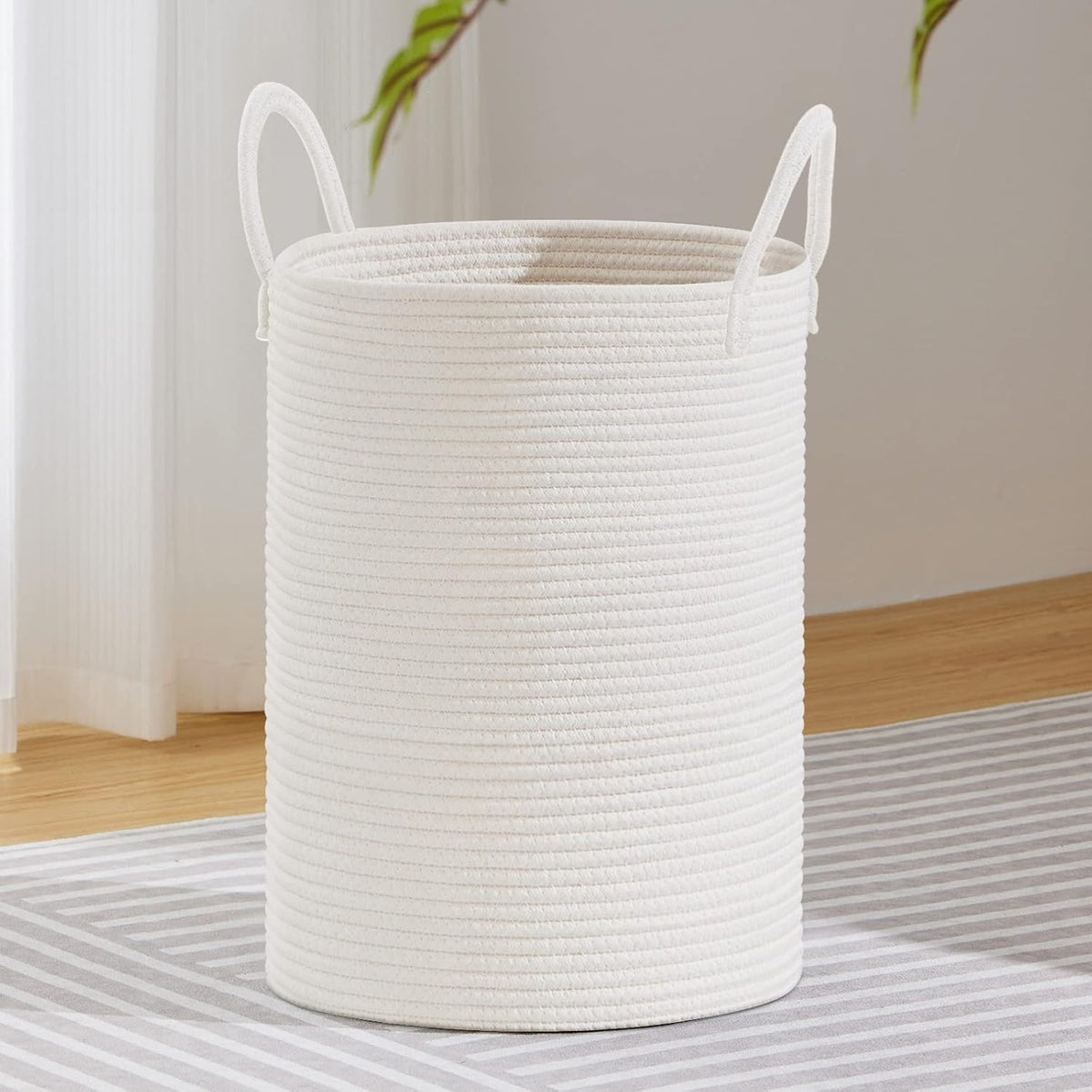 58L Tall Woven Laundry Basket Hamper, White Brown