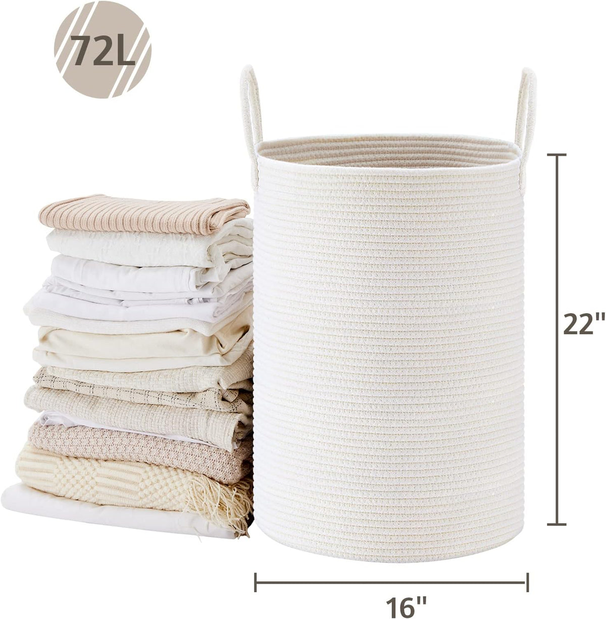 58L Tall Woven Laundry Basket Hamper, White Brown