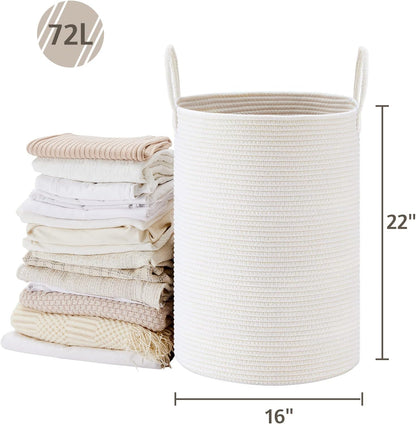 58L Tall Woven Laundry Basket Hamper, White Brown