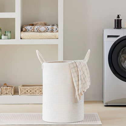 58L Tall Woven Laundry Basket Hamper, White Brown