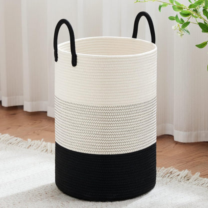 58L Tall Woven Laundry Basket Hamper, White Brown