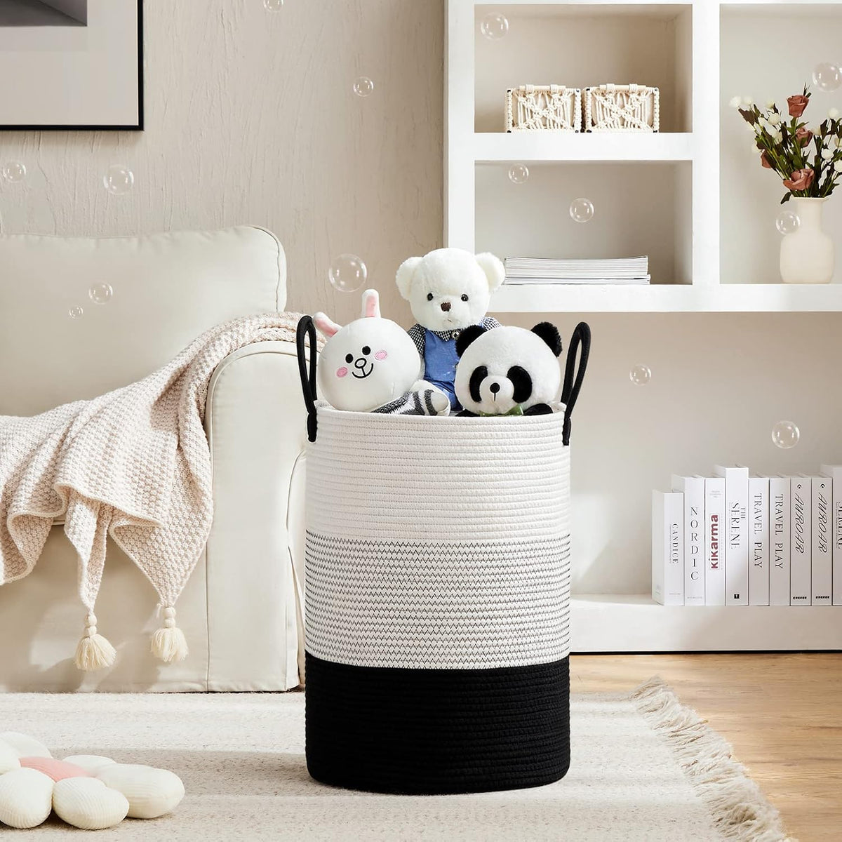 58L Tall Woven Laundry Basket Hamper, White Brown