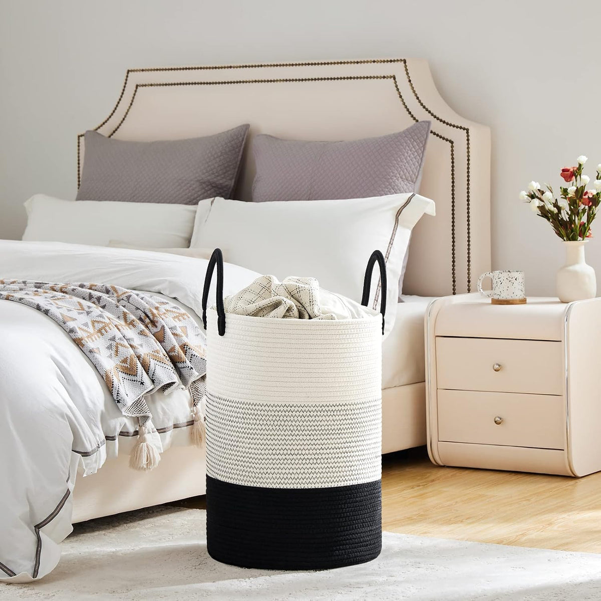 58L Tall Woven Laundry Basket Hamper, White Brown