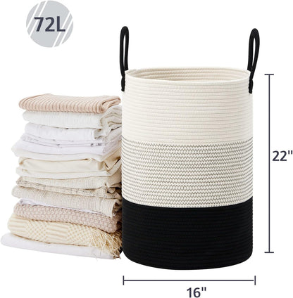 58L Tall Woven Laundry Basket Hamper, White Brown