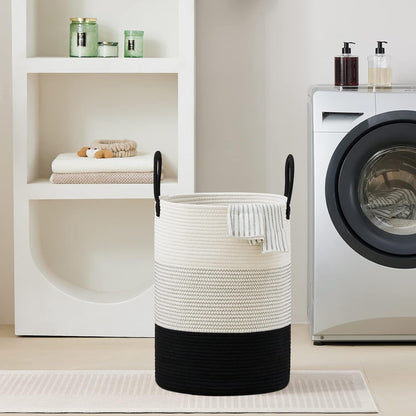 58L Tall Woven Laundry Basket Hamper, White Brown