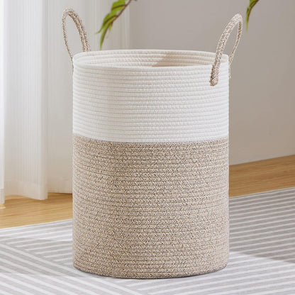 58L Tall Woven Laundry Basket Hamper, White Brown