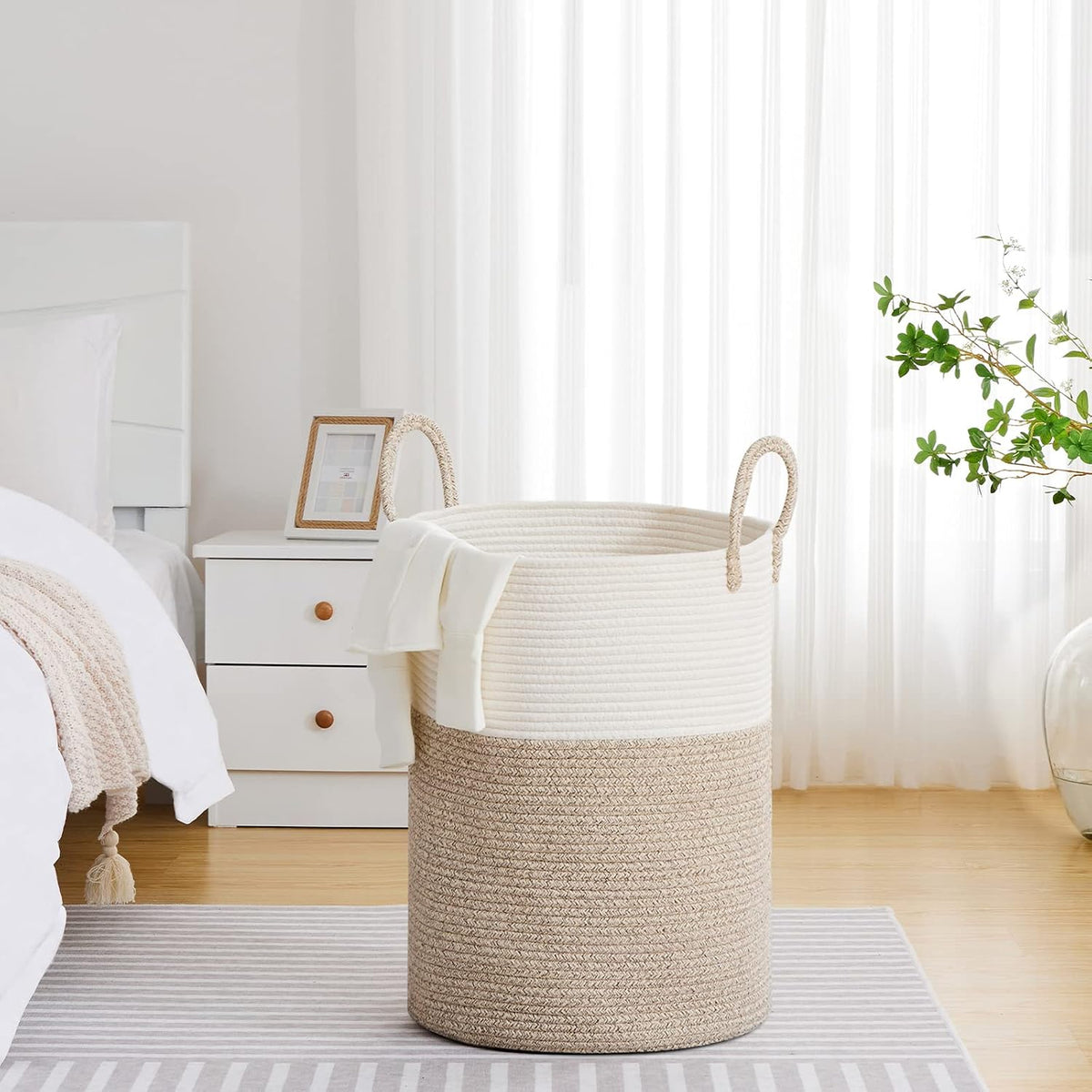 58L Tall Woven Laundry Basket Hamper, White Brown