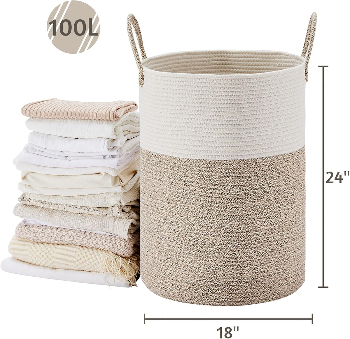 58L Tall Woven Laundry Basket Hamper, White Brown