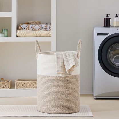 58L Tall Woven Laundry Basket Hamper, White Brown