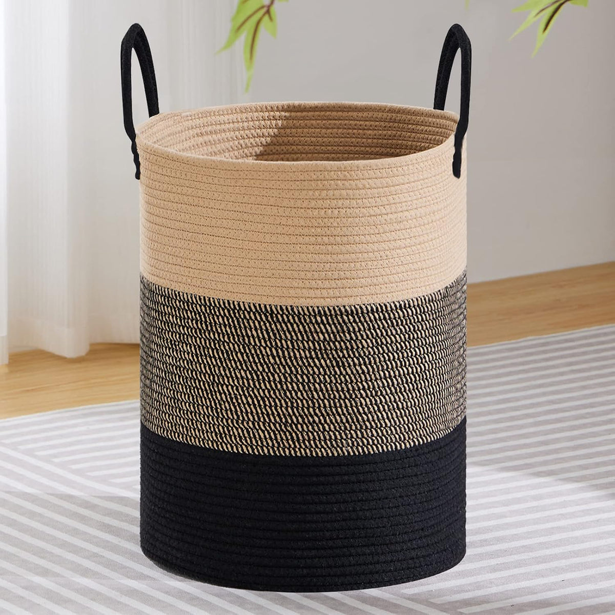 58L Tall Woven Laundry Basket Hamper, White Brown
