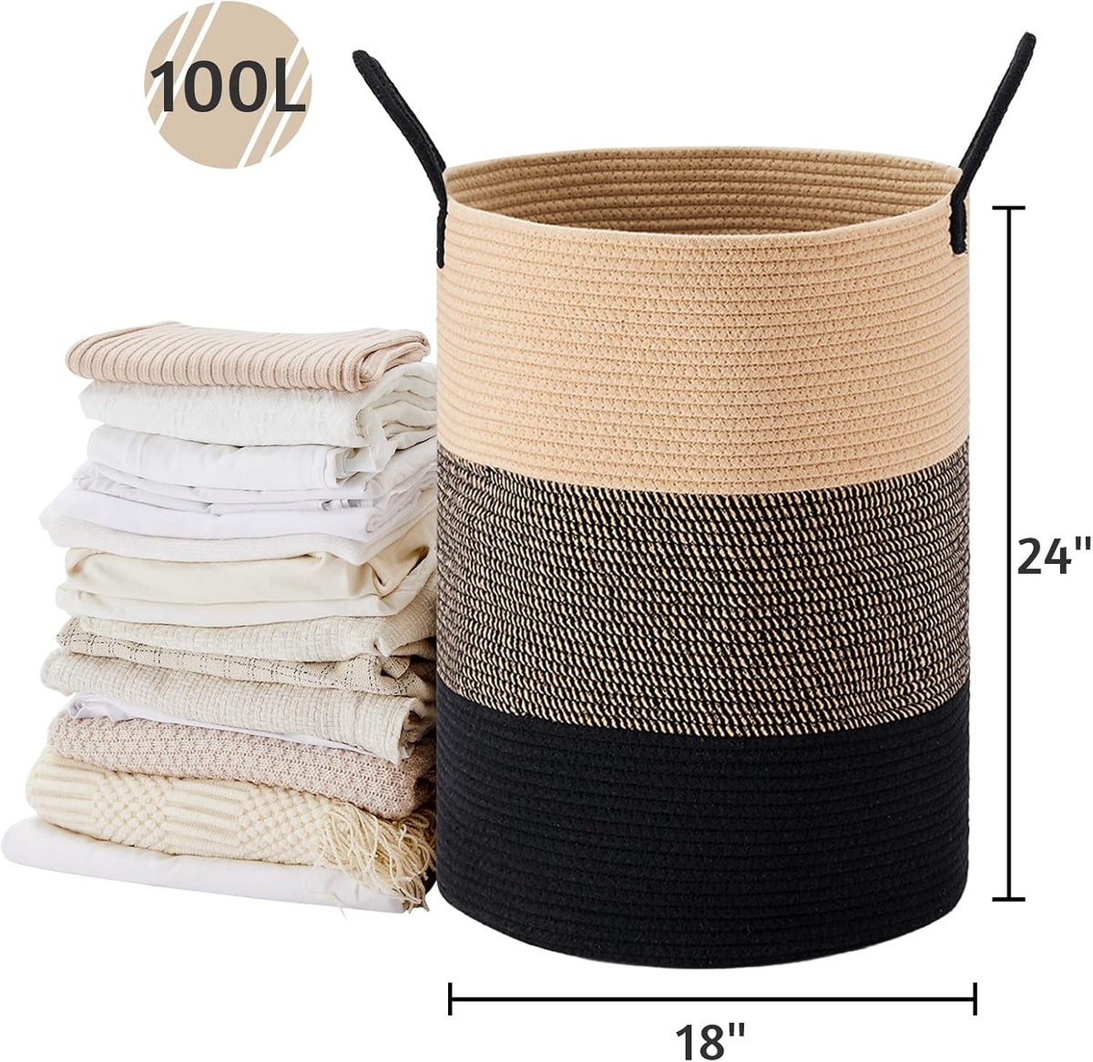 58L Tall Woven Laundry Basket Hamper, White Brown