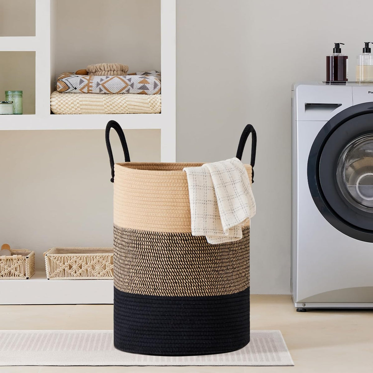 58L Tall Woven Laundry Basket Hamper, White Brown
