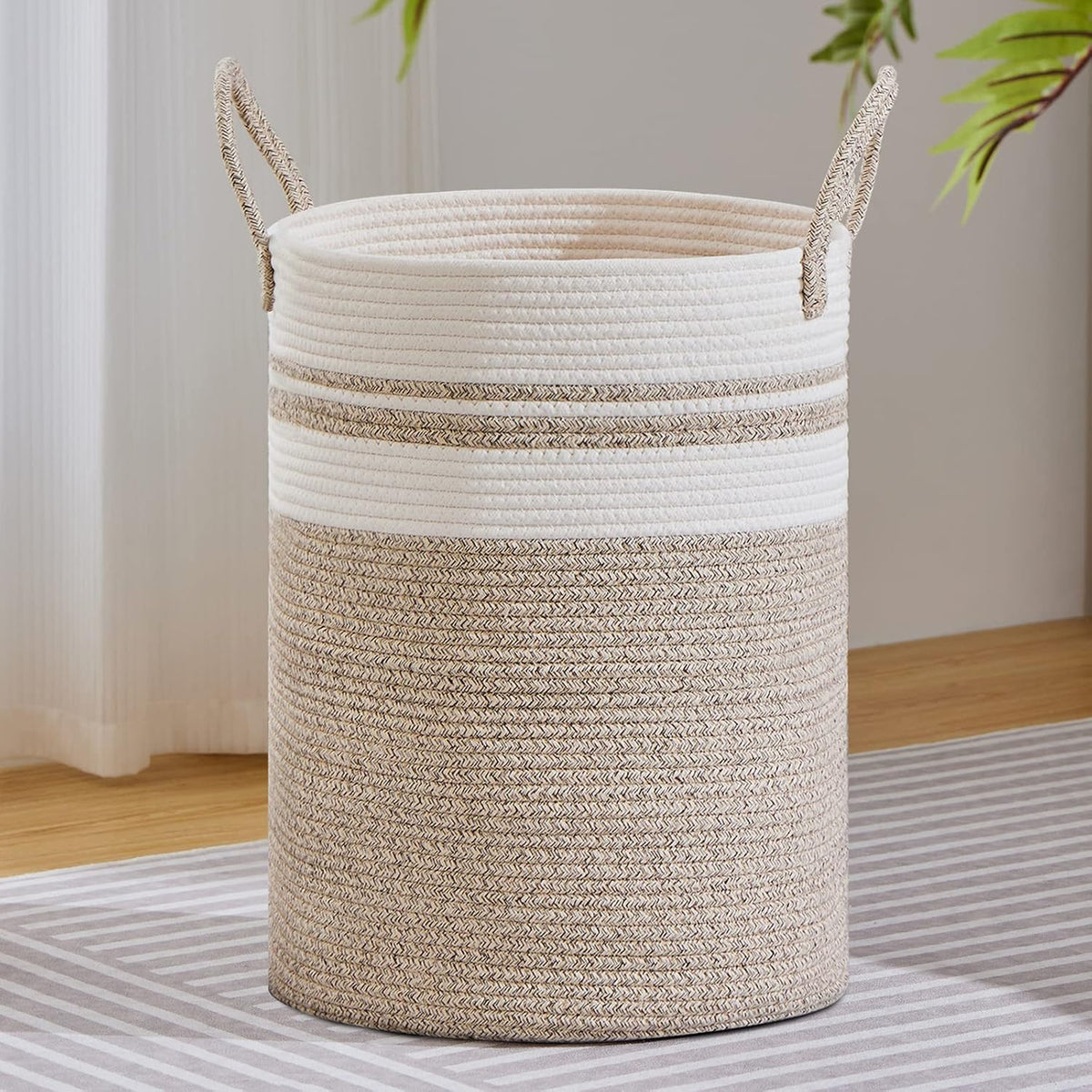 58L Tall Woven Laundry Basket Hamper, White Brown
