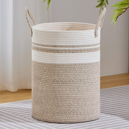58L Tall Woven Laundry Basket Hamper, White Brown