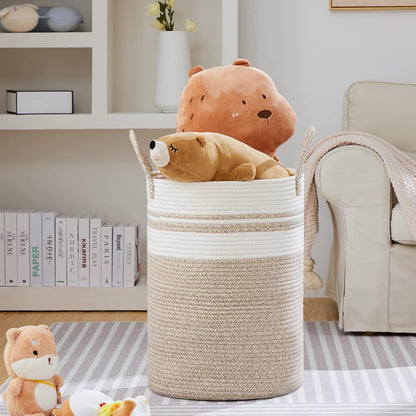 58L Tall Woven Laundry Basket Hamper, White Brown