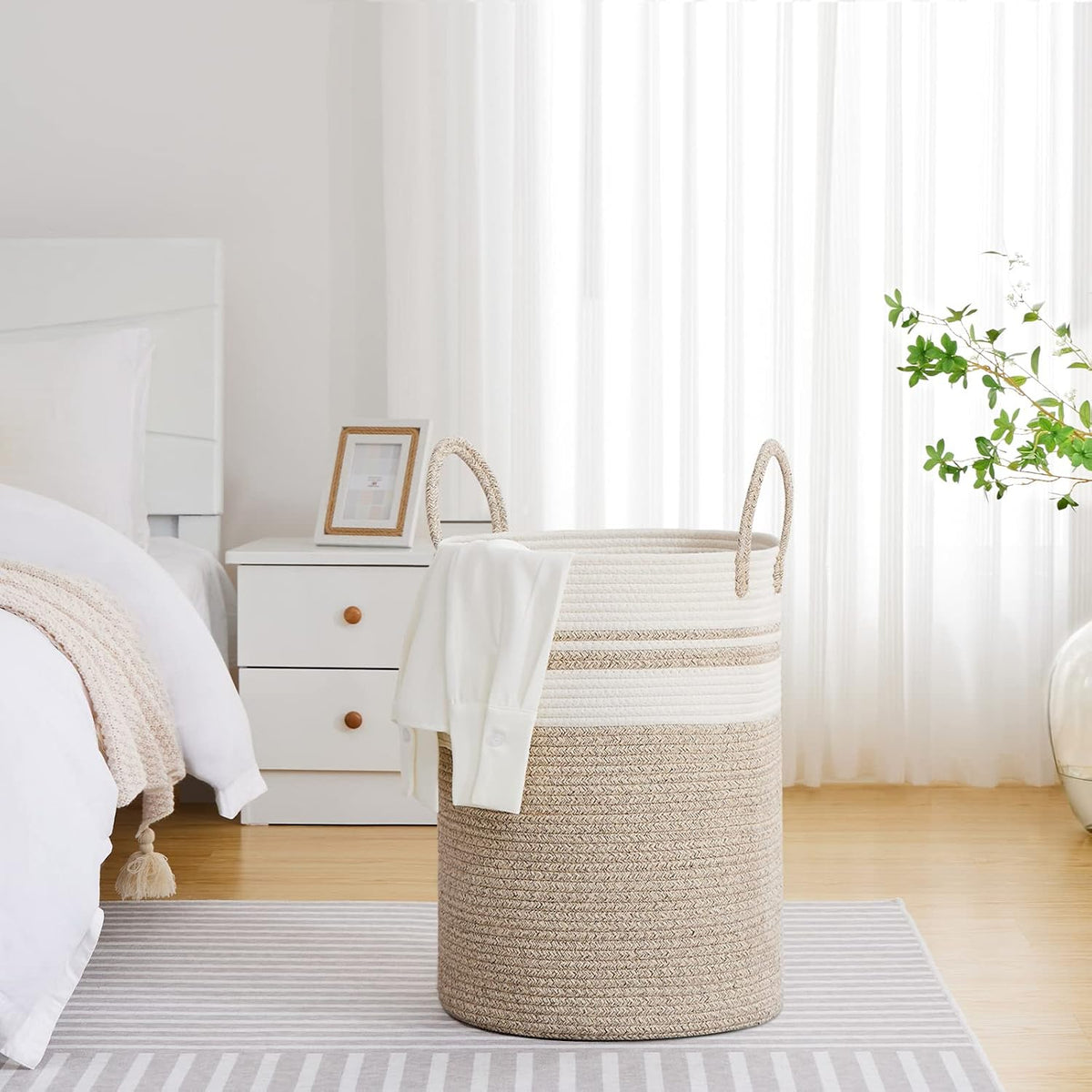58L Tall Woven Laundry Basket Hamper, White Brown