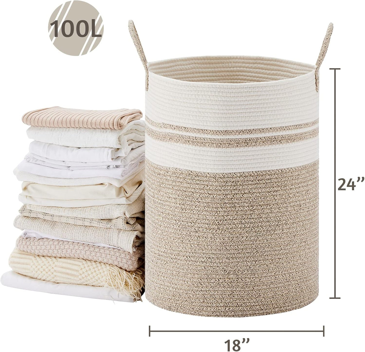 58L Tall Woven Laundry Basket Hamper, White Brown