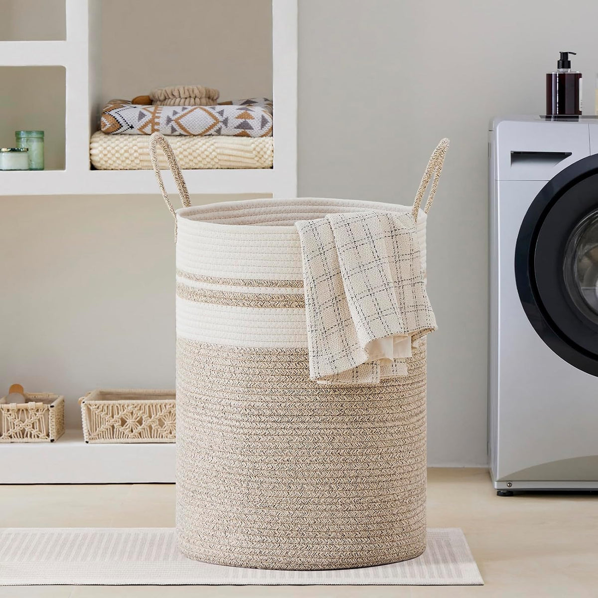 58L Tall Woven Laundry Basket Hamper, White Brown