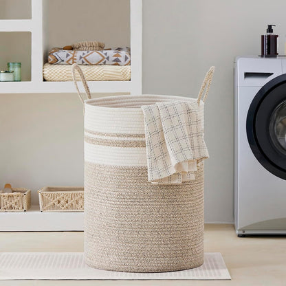 58L Tall Woven Laundry Basket Hamper, White Brown