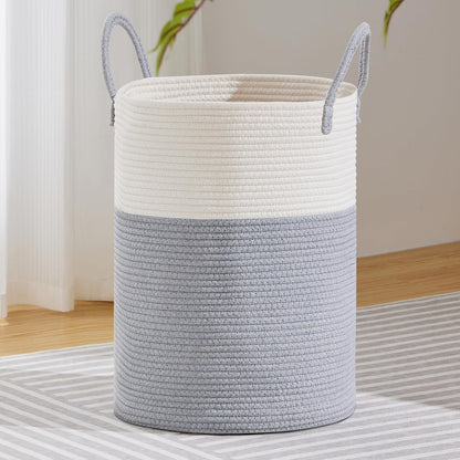 58L Tall Woven Laundry Basket Hamper, White Brown