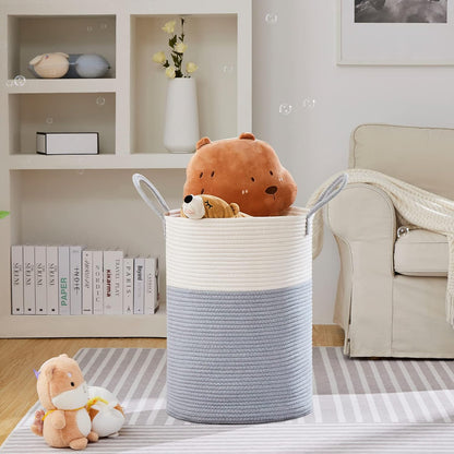 58L Tall Woven Laundry Basket Hamper, White Brown
