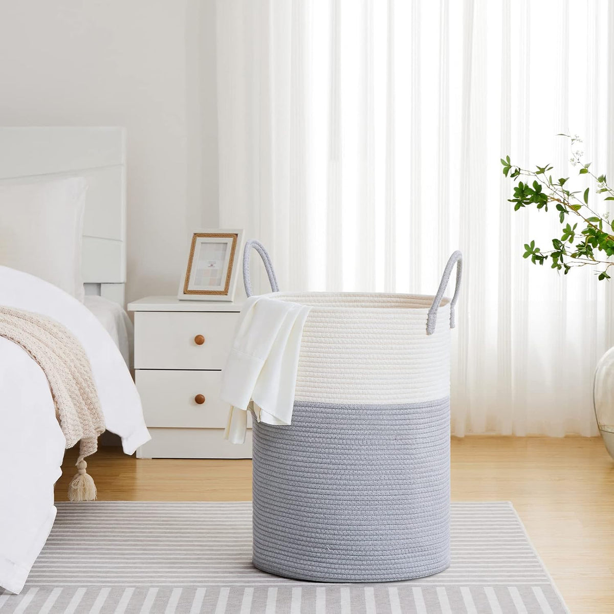 58L Tall Woven Laundry Basket Hamper, White Brown