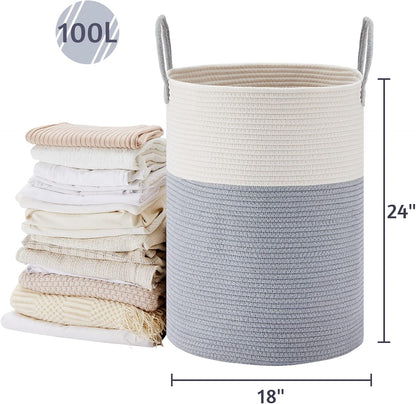 58L Tall Woven Laundry Basket Hamper, White Brown